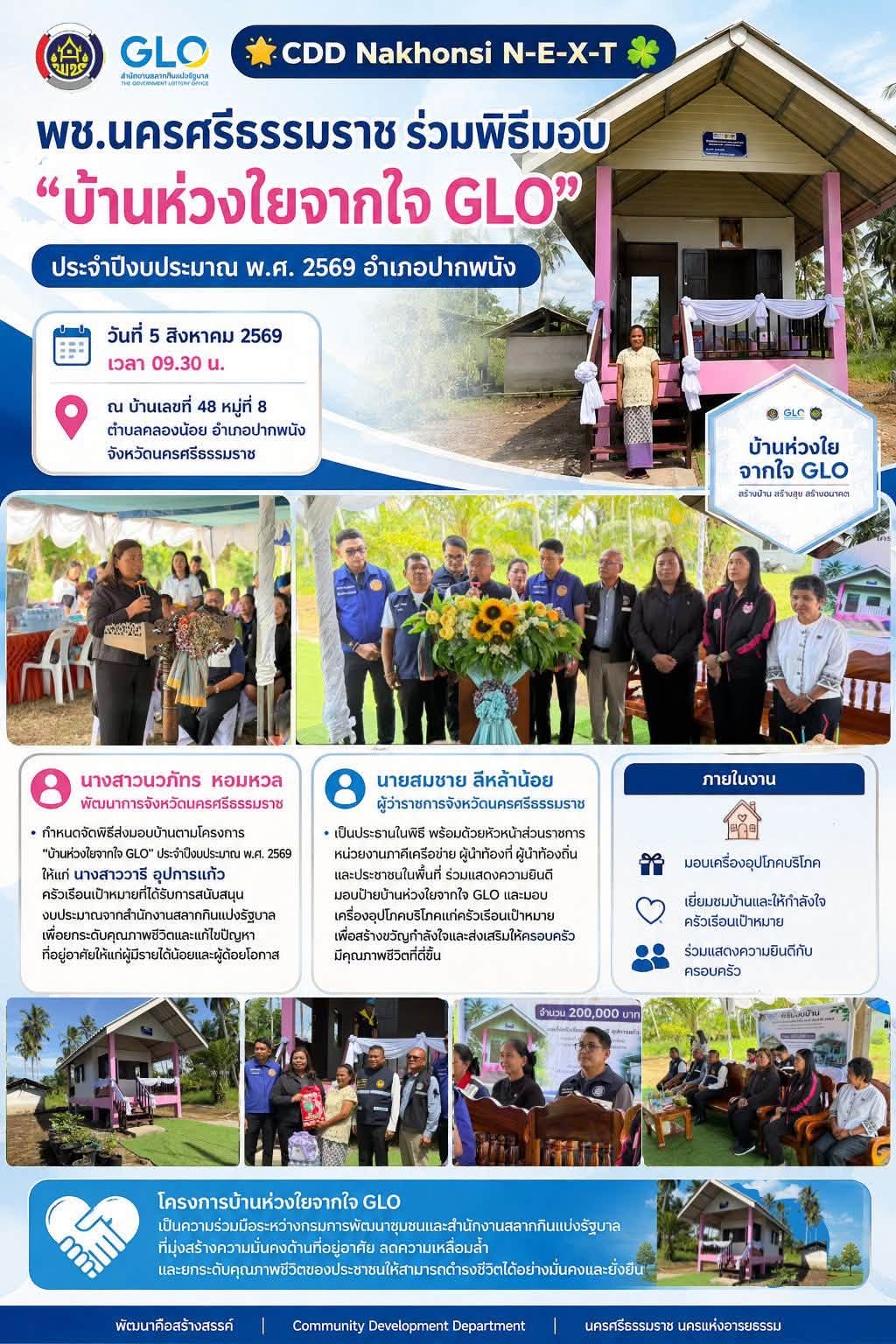🌟 CDD Nakhonsi N-E-X-T ⭐️ 📢 พช.นครศรีธรรมราช ร่วมพิธีมอบ “บ้านห่วงใยจากใจ GLO” ประจำปีงบประมาณ พ.ศ. 2569 อำเภอปากพนัง