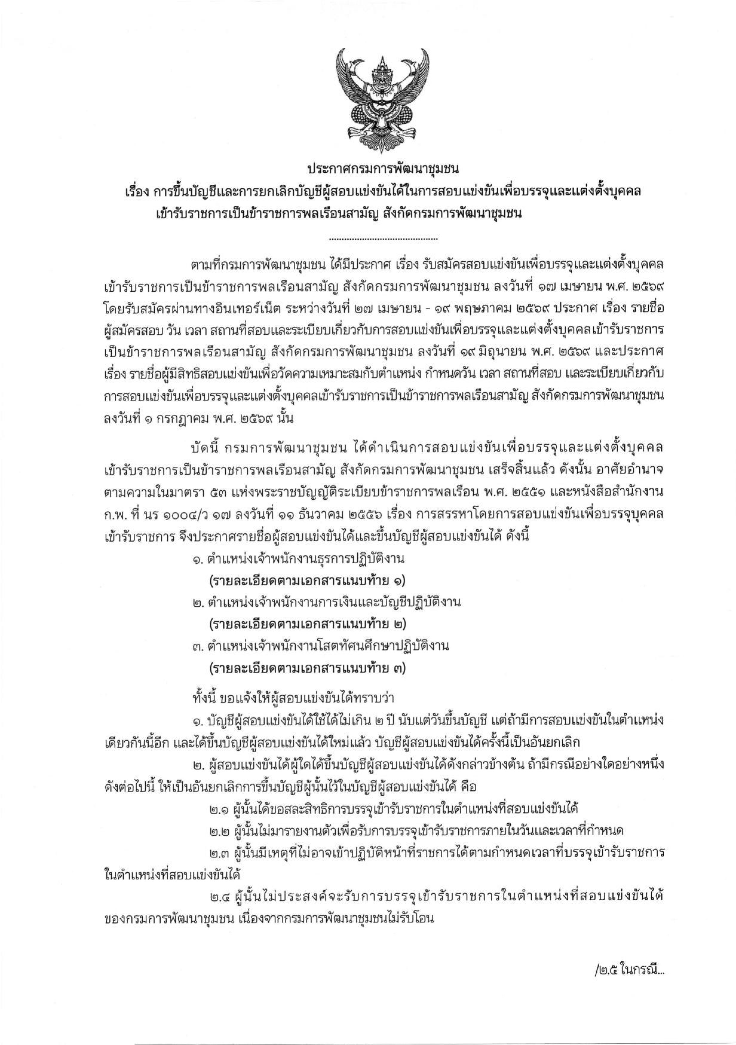 พช.นครศรีธรรมราช ประชาสัมพันธ์ประกาศกรมการพัฒนาชุมชน เรื่อง การขึ้นบัญชีและการยกเลิกบัญชีผู้สอบแข่งขันได้ในการสอบแข่งขันเพื่อบรรจุและแต่งตั้งบุคคลเข้ารับราชการเป็นข้าราชการพลเรือนสามัญ