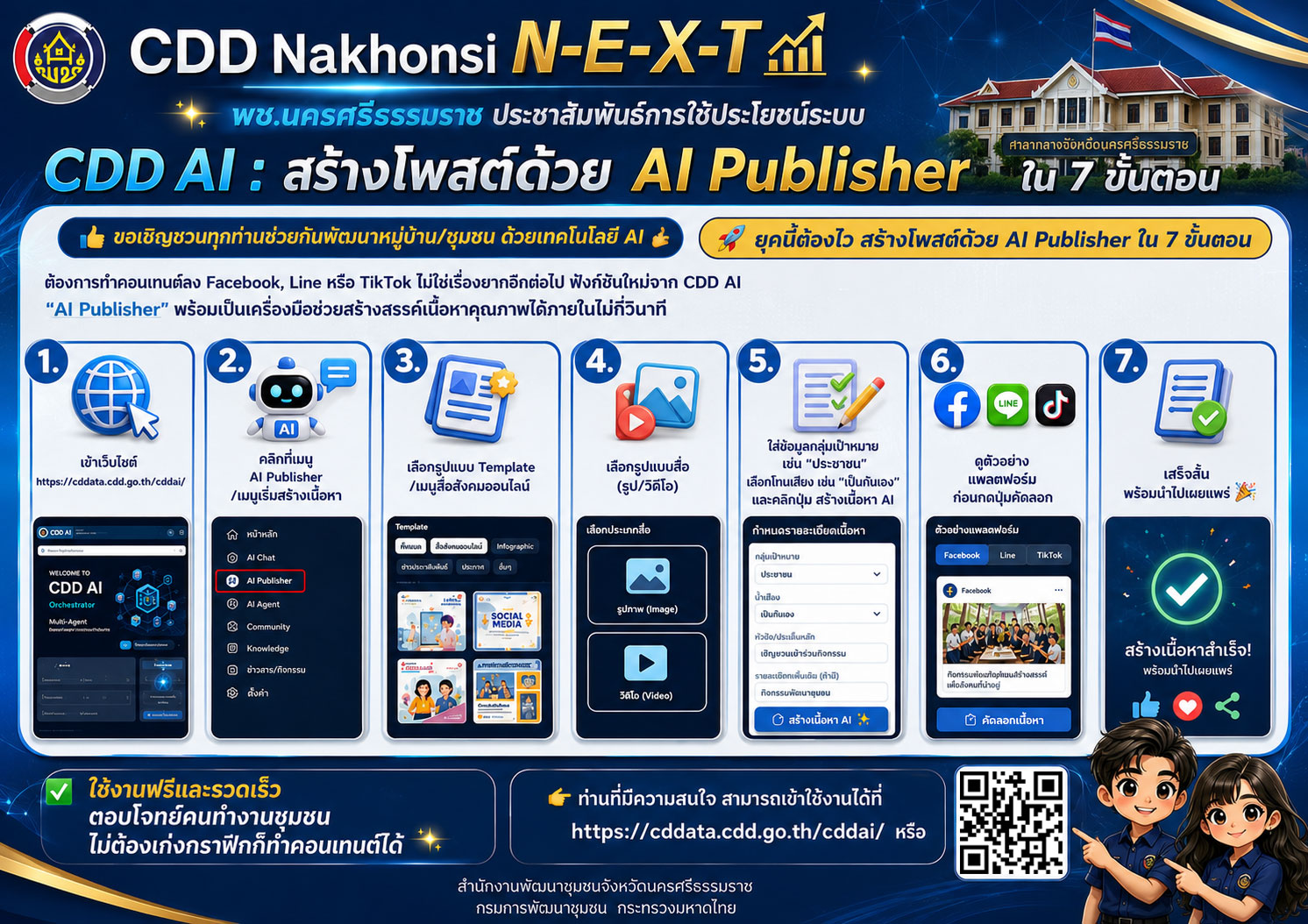 พช.นครศรีธรรมราช ประชาสัมพันธ์การใช้ประโยชน์ระบบ CDD AI : สร้างโพสต์ด้วย AI Publisher ใน 7 ขั้นตอน