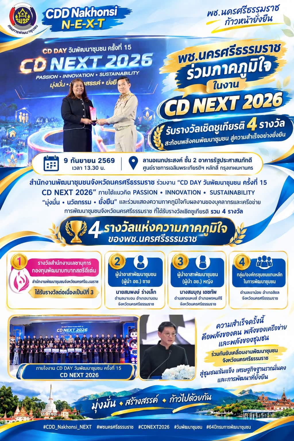 🌟 CDD Nakhonsi N-E-X-T ⭐️ 🏆 พช.นครศรีธรรมราช ร่วมภาคภูมิใจในงาน “CD NEXT 2026” รับรางวัลเชิดชูเกียรติ สะท้อนพลังการขับเคลื่อนงานพัฒนาชุมชนอย่างเข้มแข็ง
