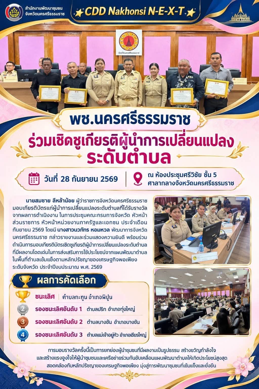 🌟 CDD Nakhonsi N-E-X-T ⭐️ 📢 พช.นครศรีธรรมราช ร่วมเชิดชูเกียรติผู้นำการเปลี่ยนแปลงระดับตำบลในประชุมคณะกรมการจังหวัด หัวหน้าส่วนราชการ หัวหน้าหน่วยงานภาครัฐและเอกชน ครั้งที่ 9